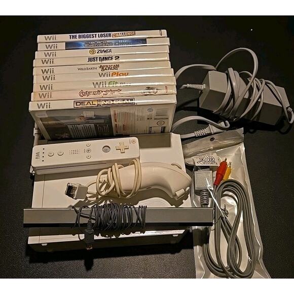 Nintendo Wii Lot Console, Hookups, Controllers And 9 Games